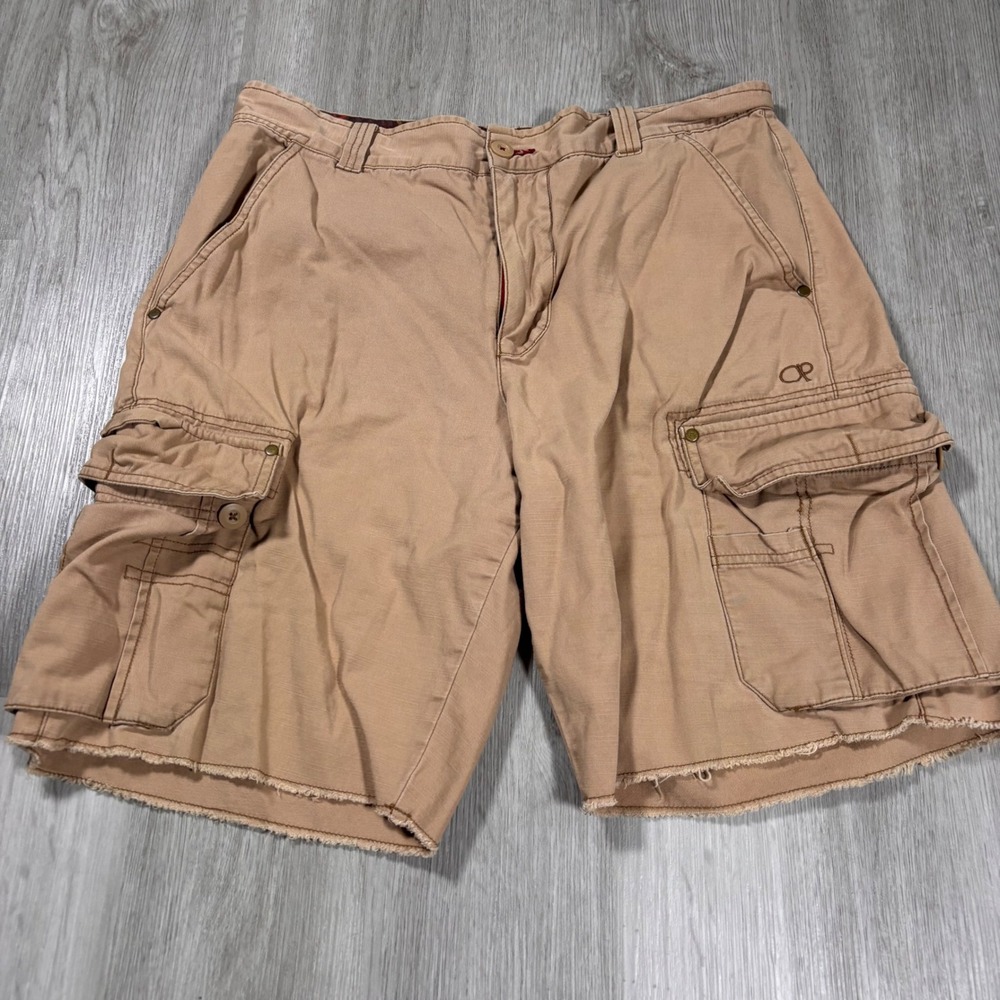 OP Ocean Pacific Mens Tan Cargo Shorts Raw Hem Casual Outdoors Gorpcore 36